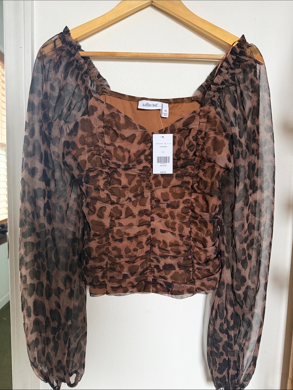 STAUD Brown Leopard Ruched Mesh Long-Sleeve Tunic